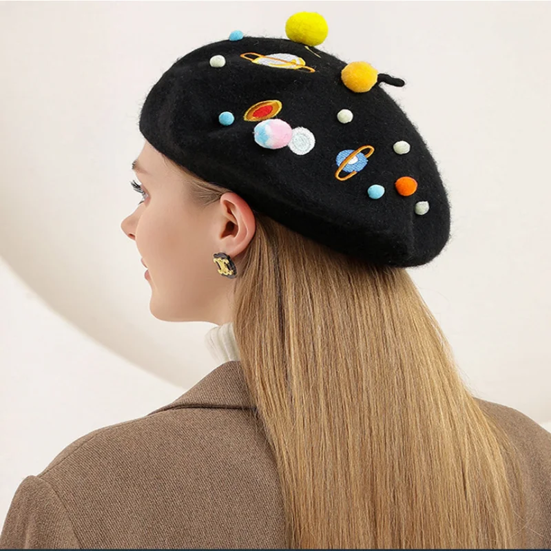 Beret Hat Autumn Winter New Star Galaxy Hairball Embroidery Wool Women Warm Everything Fashion Cold Hat