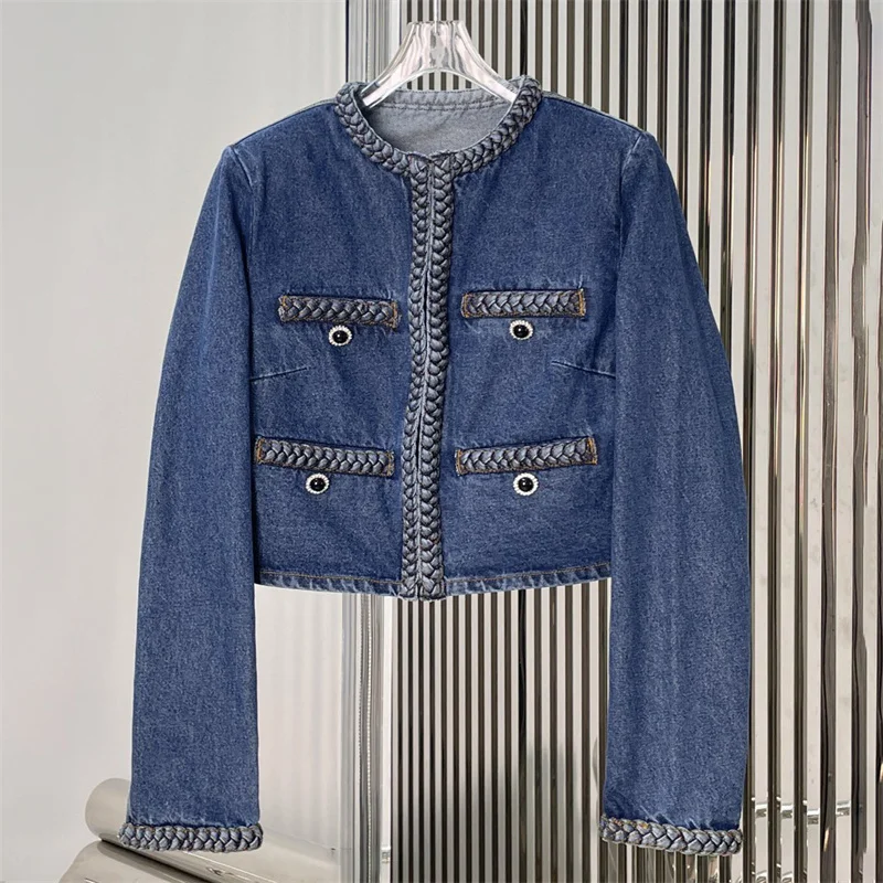 

Женская куртка 2026, весенняя новинка, однобортный облегающий топ с круглым вырезом и длинными рукавами, джинсовая куртка из чистого хлопка в стиле ретро, женское пальто