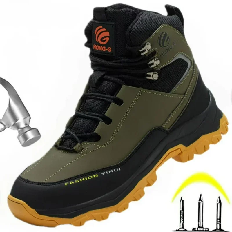 

Autumn New Men's Workwear Boots Fashionable Thick Soled Wear-resistant High Top Boots Outdoor Anti Smashing Safety Shoes