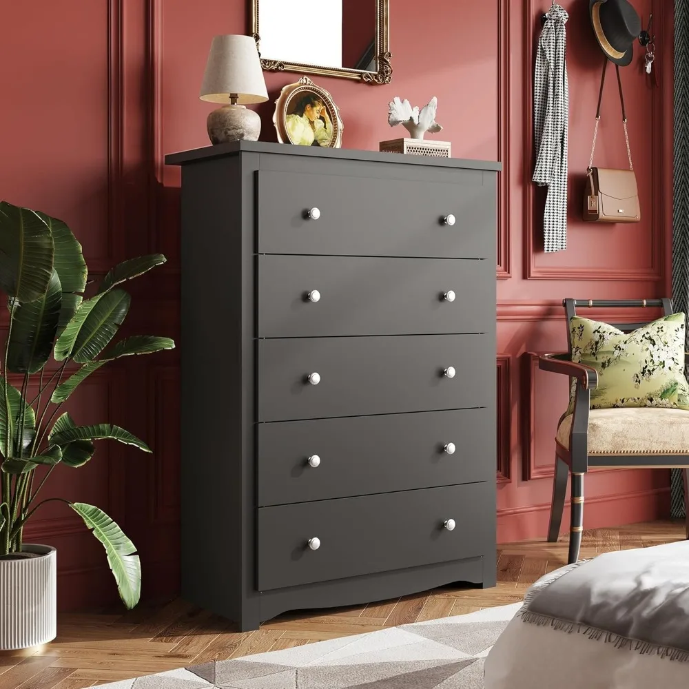 cassettiera in legno con 5 cassetti, mobile portaoggetti in legno nero, cassetti organizer per camera da letto, soggiorno, corridoio, misurazione 15,75