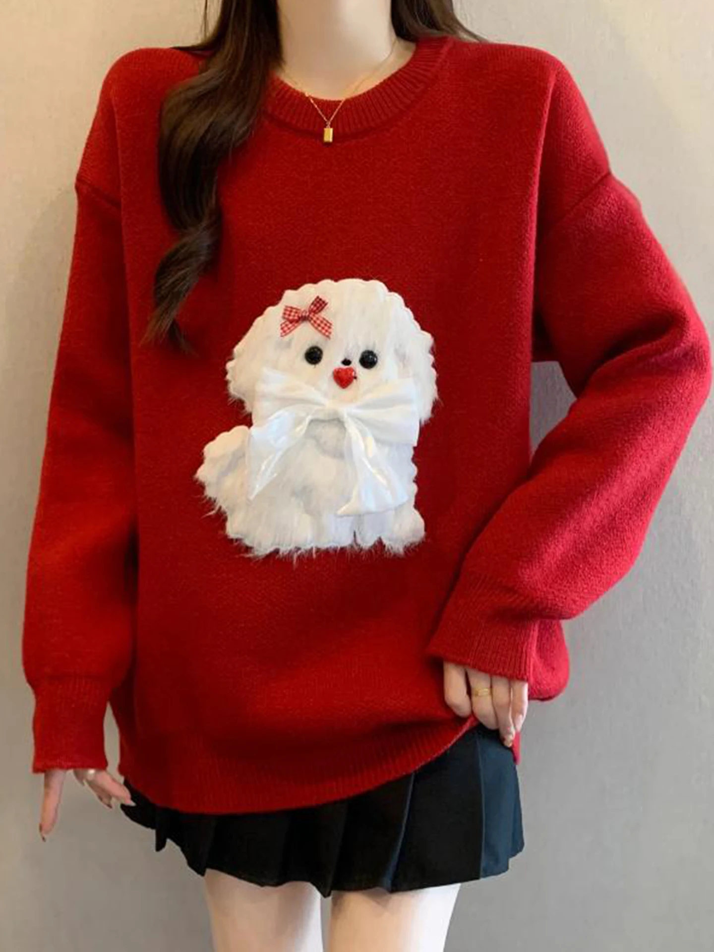 

Cisas Red Embroidered Dog Loose Knitted Sweater Autumn Winter Large Size Women's Faion plus Size Casual round Ne Top