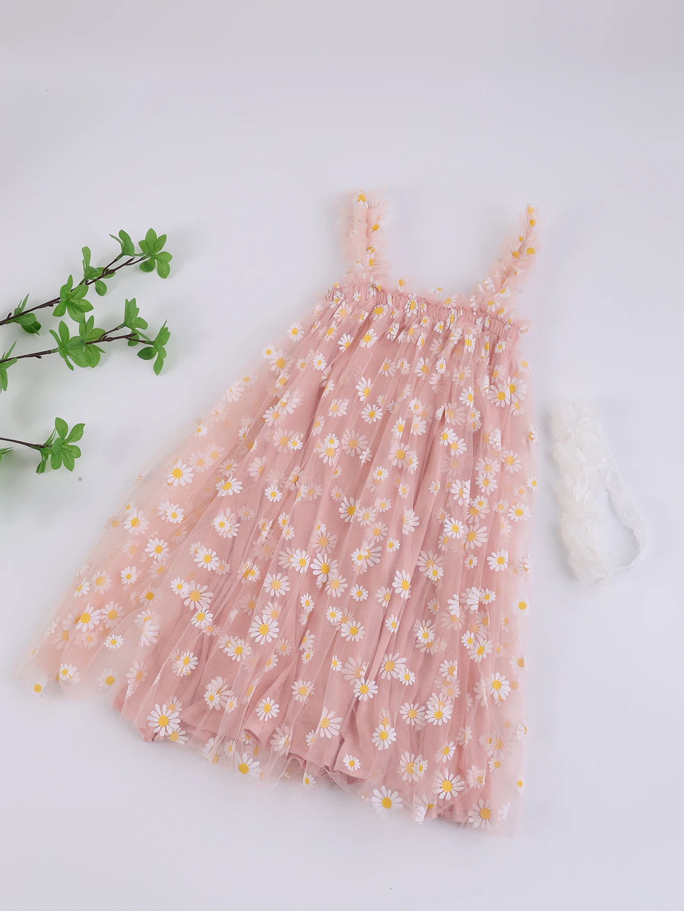 Vestido tutú para niñas pequeñas, vestido de tul sin mangas con estampado floral de margaritas, vestidos de princesa para niñas pequeñas con diadema de flores