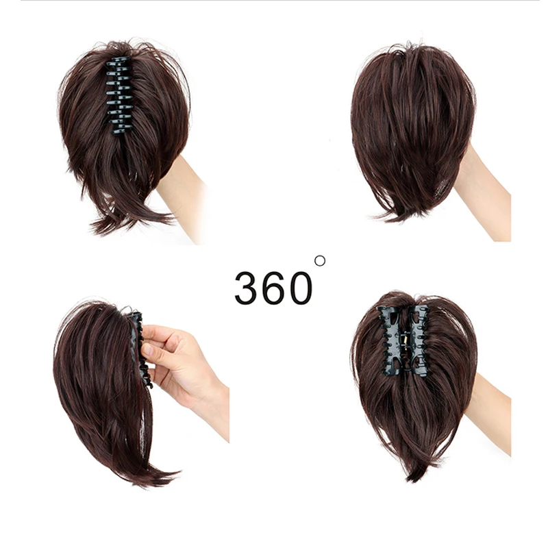 Postizo de cabello sintético con pinza de garra moño para mujeres liso corto extensión de cola alta despeinado para chicas 4