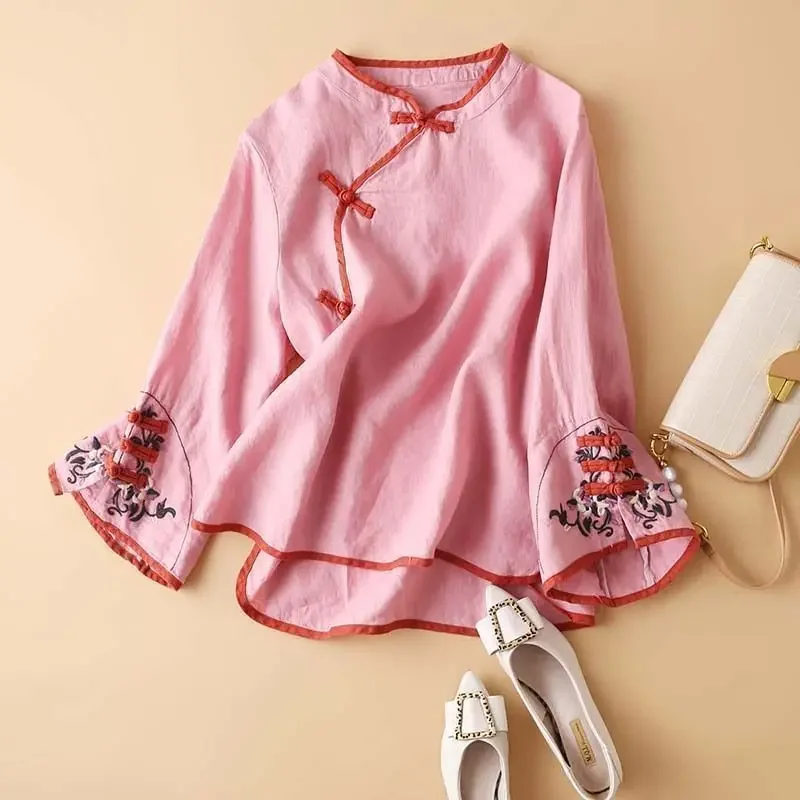 الصينية التقليدية تانغ دعوى بلوزة المرأة التطريز القطن والكتان المعتاد طويلة الأكمام السيدات رداء علوي غير رسمي Hanfu شيونغسام #6