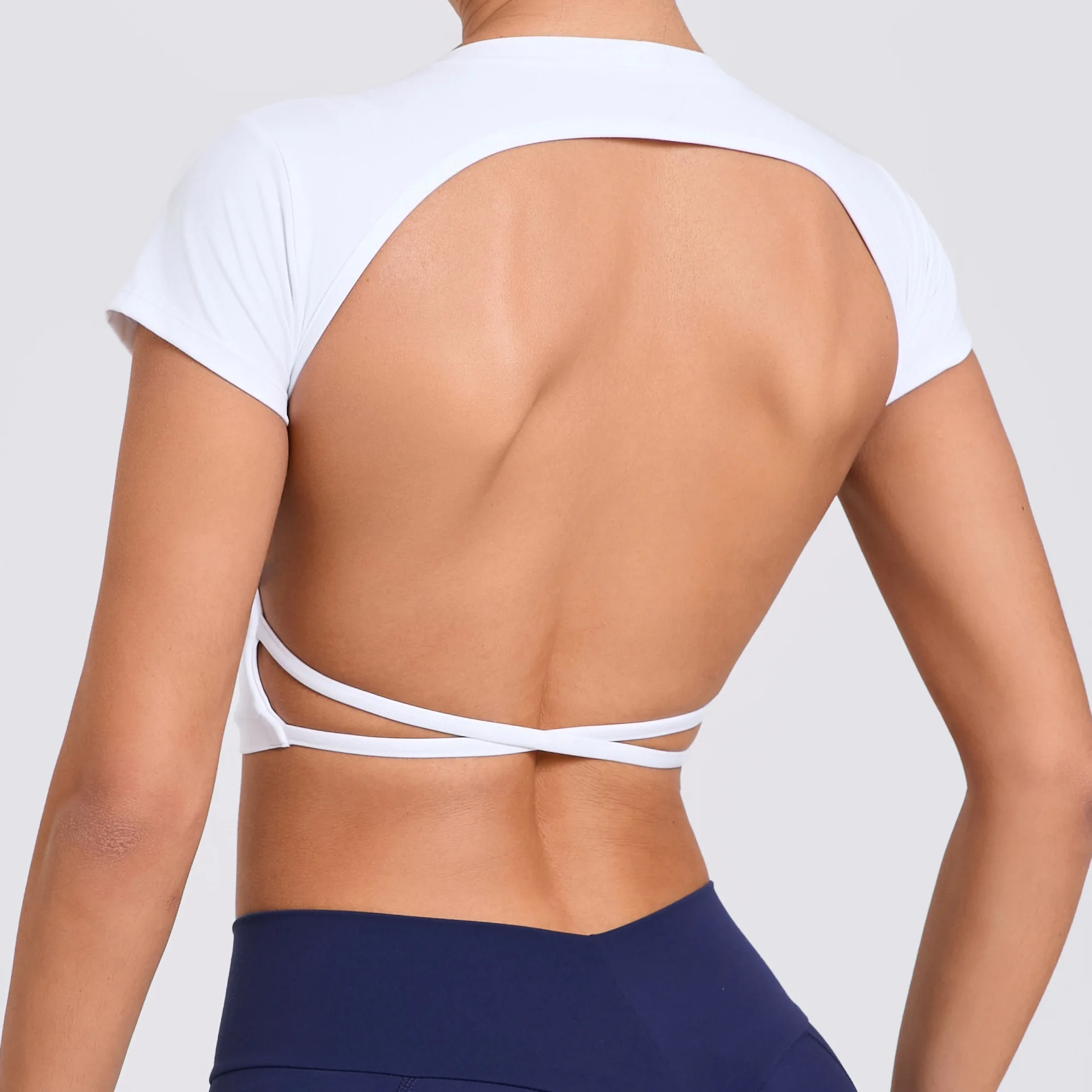 Backless Quick-drying Tight Sports Short-sleeve T Shirts with Chest Pad Fitness Yoga Top Workout Gym Training Athletic Shirts