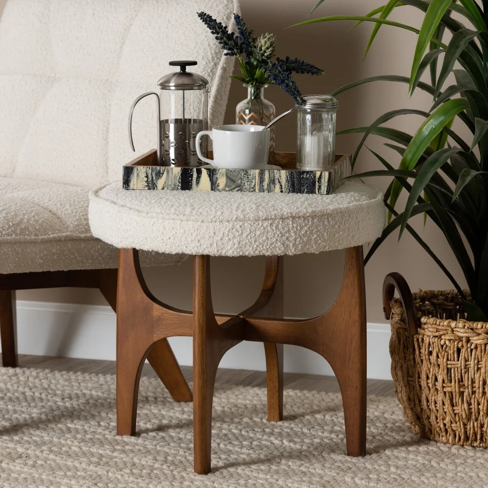 

Japandi Inspired Round Footstool Ottoman with Button Tufted Upholstery Rubberwood Frame Indoor Accent Furniture