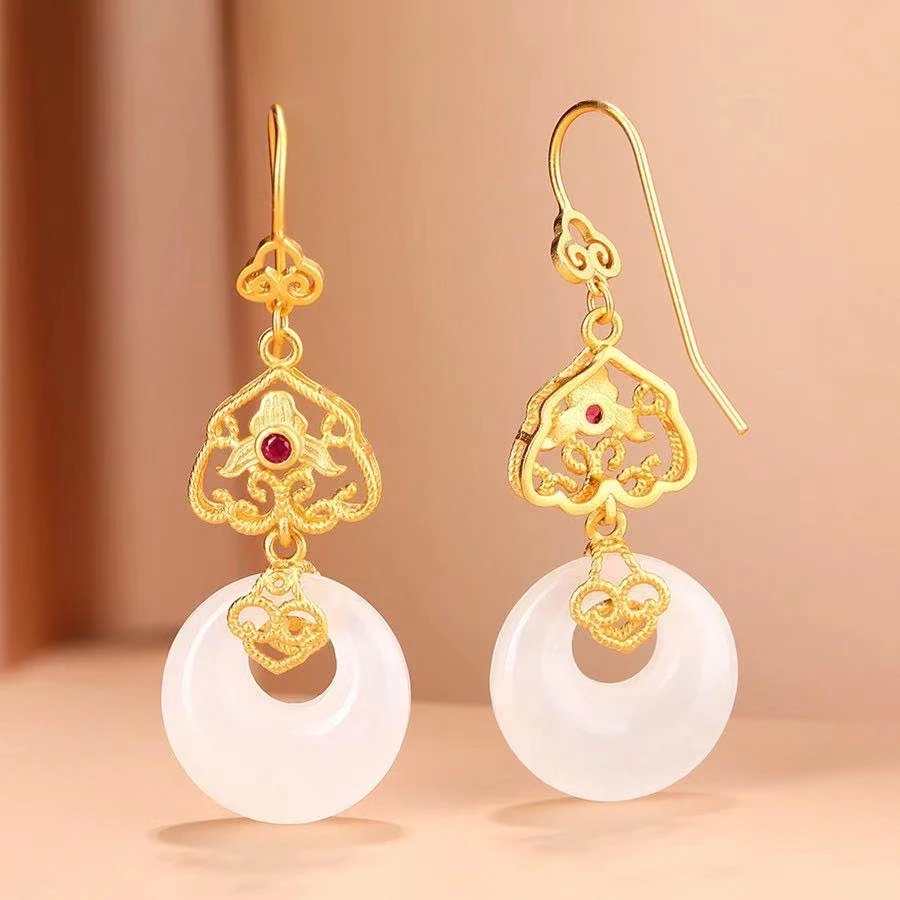 

Fine Jewelry Exquisite Perfect Ear Decorations 925 Silver Gold-plated Inlaid Natural Golden Silk Jade Earrings Authentic