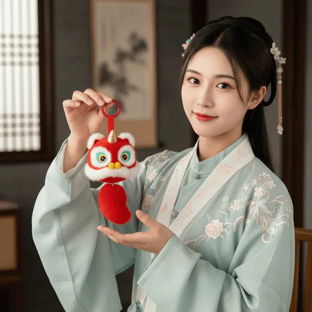 الكرتون الأسد الرقص المفاتيح توقظ الأسد النمط الصيني الأسد الرقص قلادة ألعاب من نسيج مخملي دمية سنة الحصان هدية السنة الصينية الجديدة