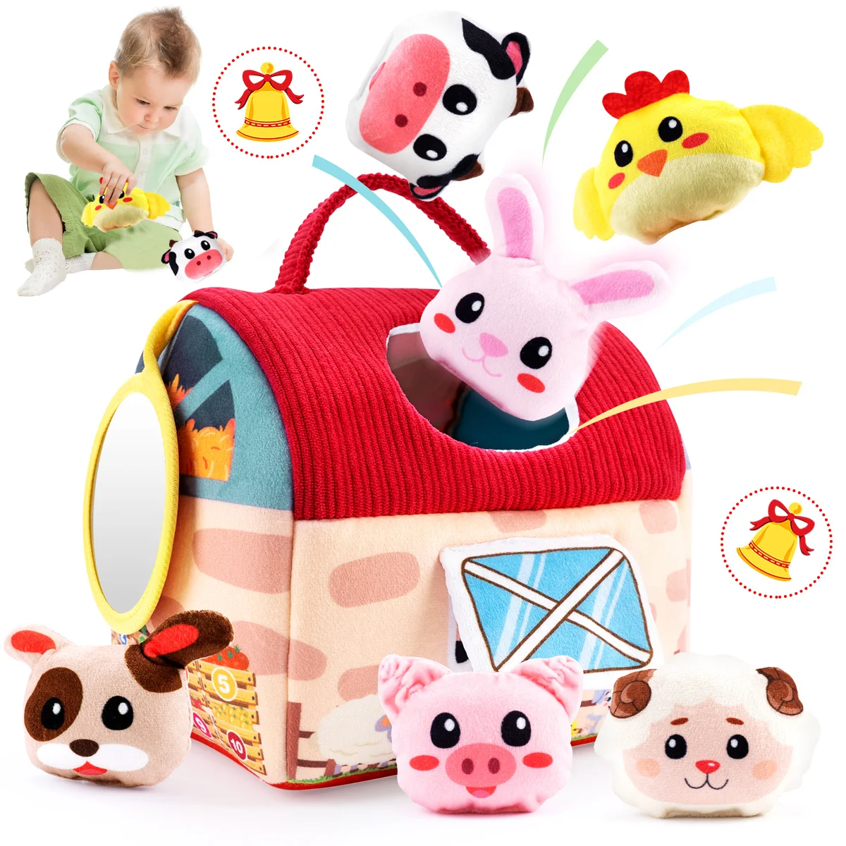 Child Toys 6-12 Months - Surprise Barn with Farm Animals, Rattle, Crinkle Paper and Mirror Toys for Kids, Ideal Christmas Gifts
