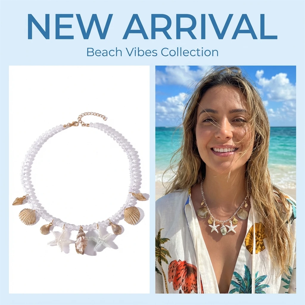 Küsteninspirierte Charm-Halskette mit Transparenter Kette, Choker für Frauen, Sommerurlaub-Schmuck, Erfrischende Marine-Ästhetik für den Urlaubsort – Detail 1