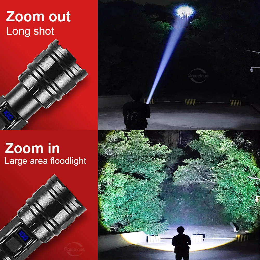 200000LM High Power LED Flashlight 500W Type-C Rechargeable Tactical Flash Light 26650 Powerful LED Torch With Power Display