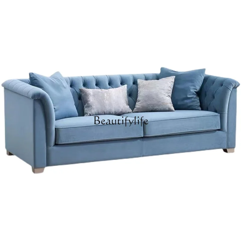 

American solid wood fabric sofa living room small apartment light luxury fashion buckle three people
