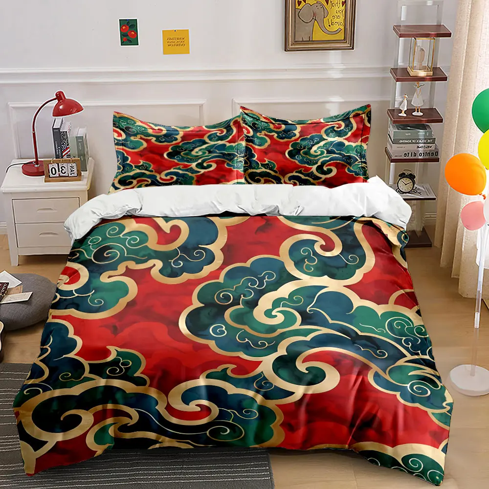 3-teiliges chinesisches Bettbezug-Set mit goldenem Umriss und Wolkenmuster, rote Basis, traditionelle, glückverheißende Bettwäsche für Einzel-, Doppel-, King- und Queen-Size-Betten, Geschenk