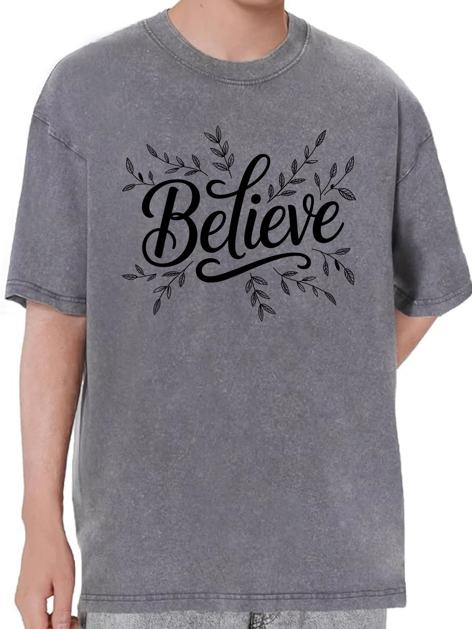 تي شيرت Believe 230 جرام من القطن الثقيل المغسول كبير الحجم للرجال برسومات مضحكة تي شيرت كاجوال كلاسيكي