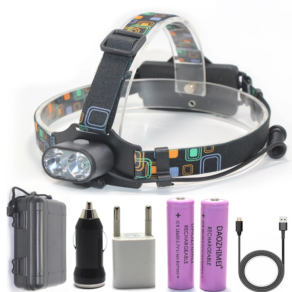 Portable waterproof USB Rechargeable Headlamp 2*T6 3 Modes Camp Searching Mini Head Headlight 18650 Battery Front Light