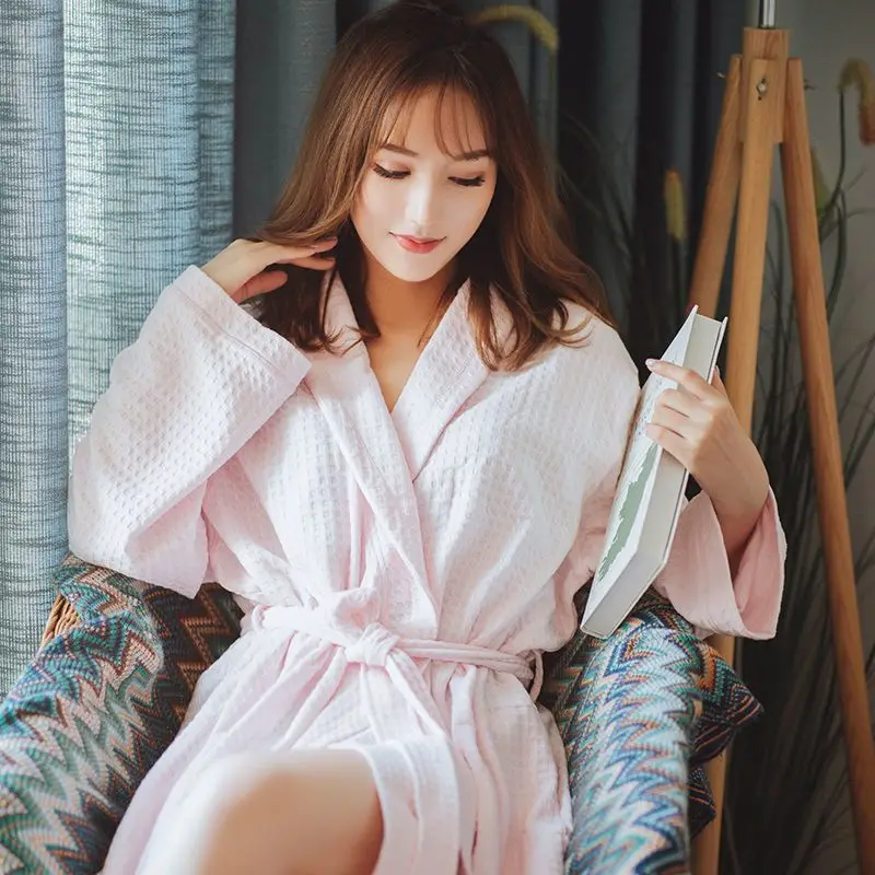 Robe Spring and Autumn Long Sleeves Sleepwear Waffle Casual Loose Couple Pajamas V-neck Sexy Nightgown Unisex Solid Color Women