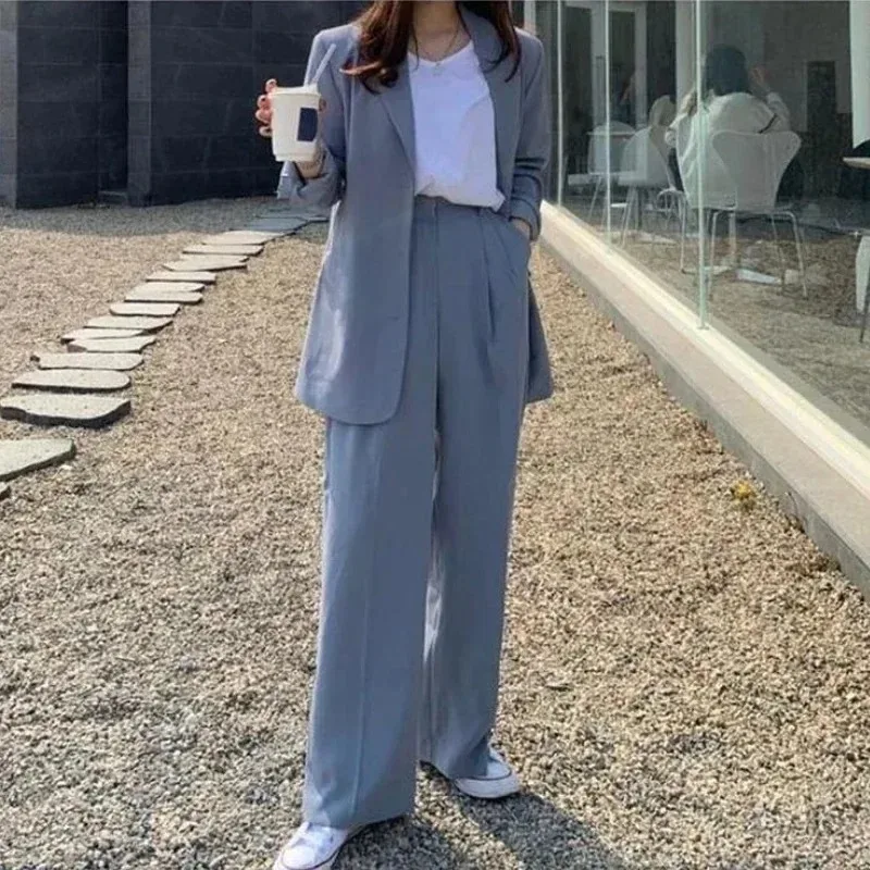 2022 Spring New Two-piece Set Suit Blue Double Breasted Blazer + Casual Straight Trousers Elegant Fashion Chic Women\'s Clothes