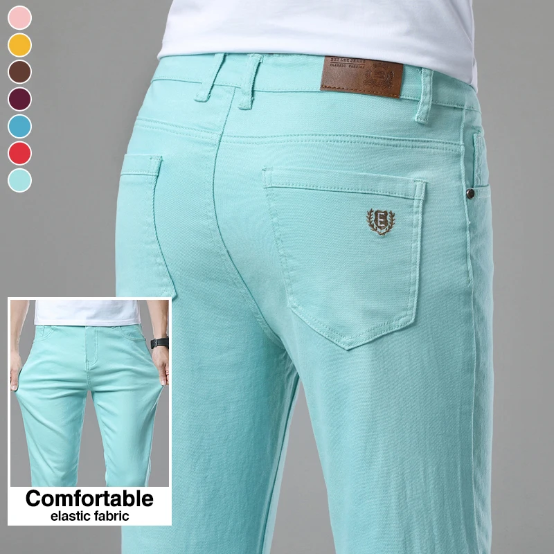 

Colorful Jeans Men's Fashion Korean Slim Elastic Straight Denim Pants Soft Comfort Business Casual Simple Four-season Trousers