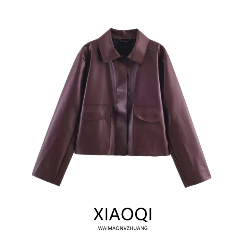 2025年秋新作 レディース カジュアル ルーズ ショートレザージャケット 襟上げ アウター ファッション レディース プレミアム ショートコート ボタン留め