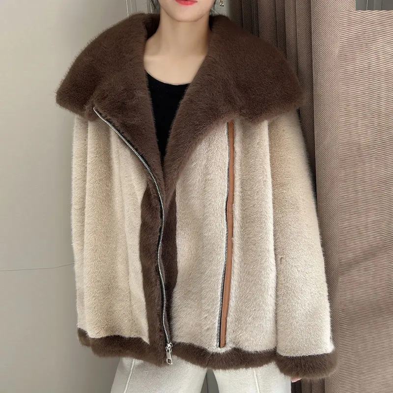 RONG NI 2024 New Faux Fur Coat For Women With Real Faux Fur Warm Winter Short Fashion Real Leather Jacket For Women