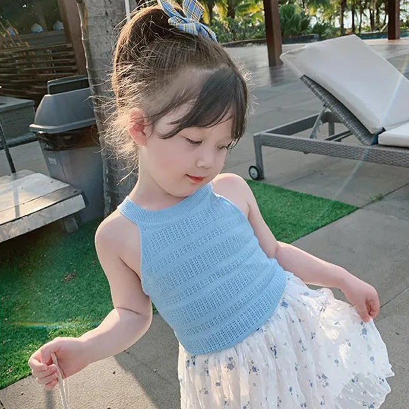 Baby Girls Summer Tank Top Sleeveless Suspenders Solid Vest Thin Bustier Hollow Out Camisole Toddler Kids Casual Clothes