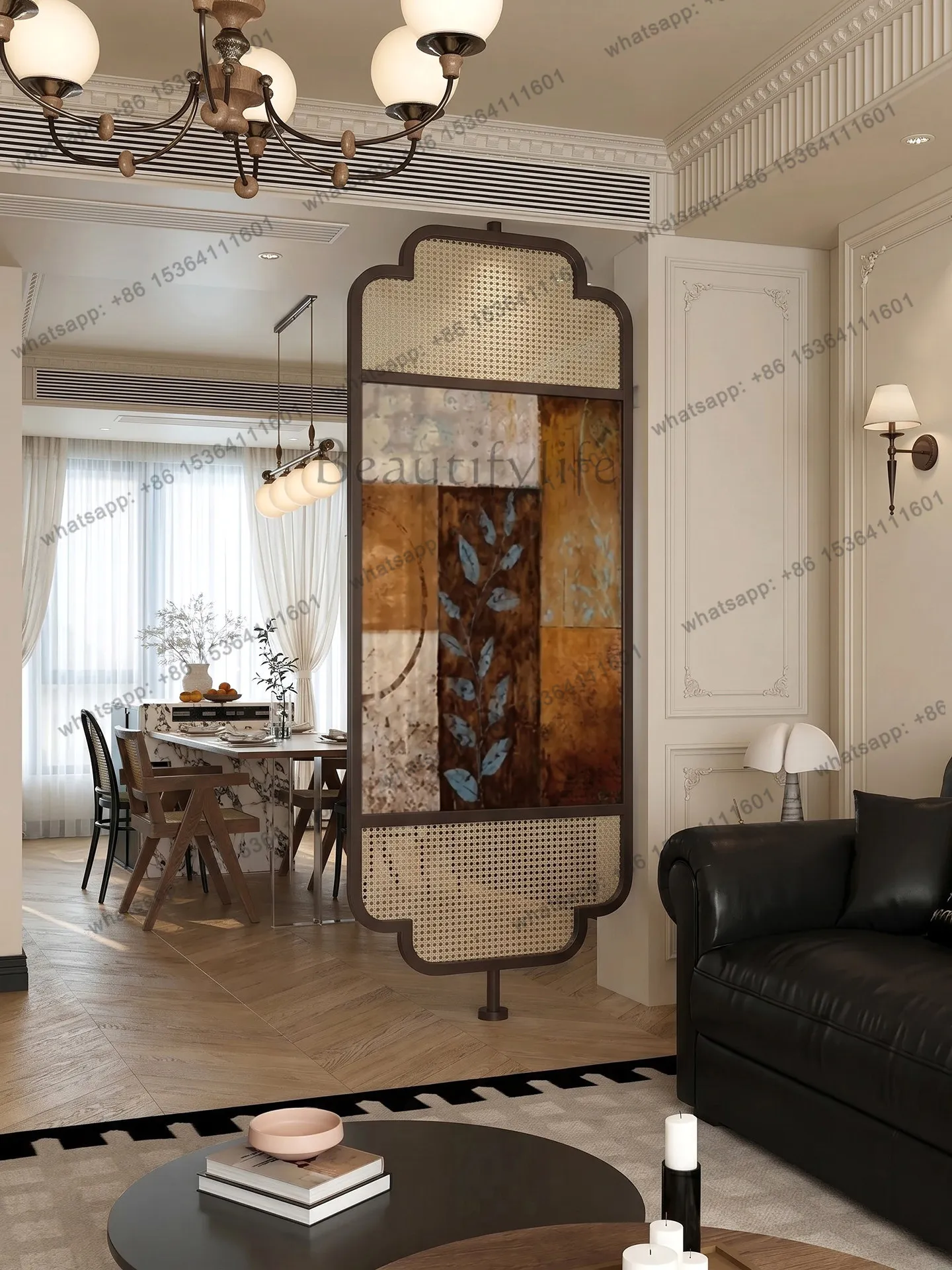 Solid wood screen rattan indomitable French medieval style opposite the door entrance