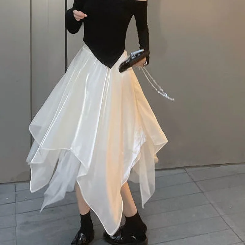 

Korean Fashion All-match Asymmetrical Mesh Skirt 2023 Summer New Elegant Office Lady Commute High Waist A-Line Voile Midi Skirts