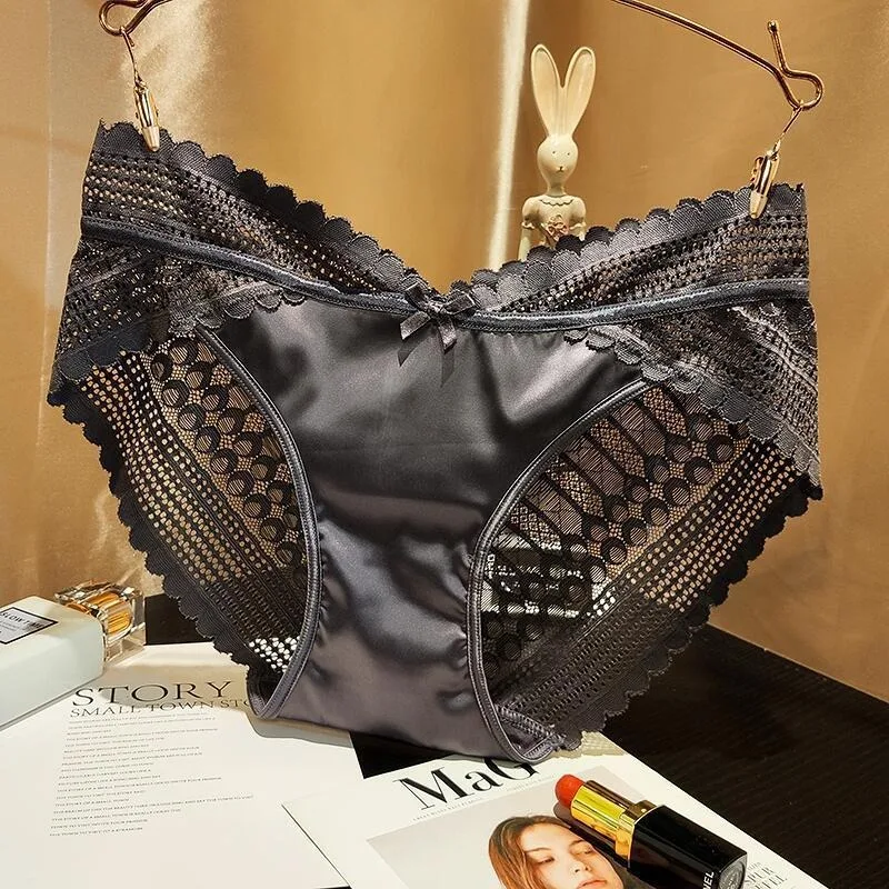 Lace Panties Women Ice Silk Seamless Sexy Transparent Plus Size Underwear Ladies Crotch Briefs Summer New Hollow Out Underpants