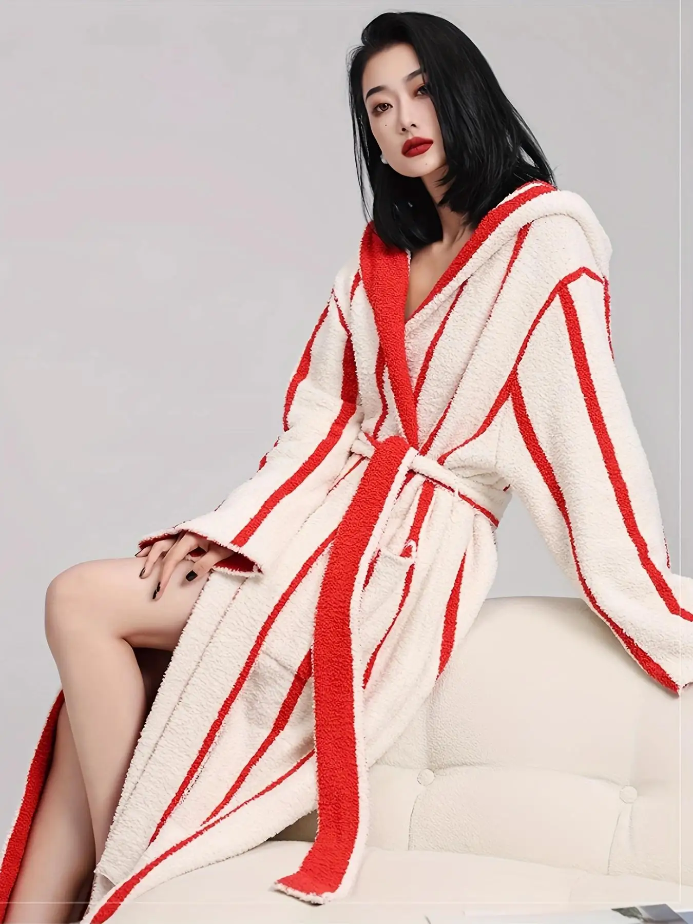 【COZY Soft Plush Feel】Women's Striped Print Long Sleeve Bathrobe, Casual Soft Comfortable Warm Hooded Robe, Ladies Sleepwear for