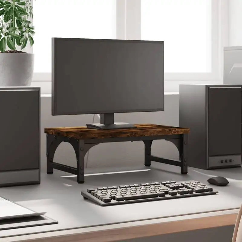 Support d'écran en chêne fumé 37x23x14 cm, en bois, étagère de rangement ergonomique pour bureau, station pour clavier d'ordinateur portable, accessoire de bureau pour gagner de la place