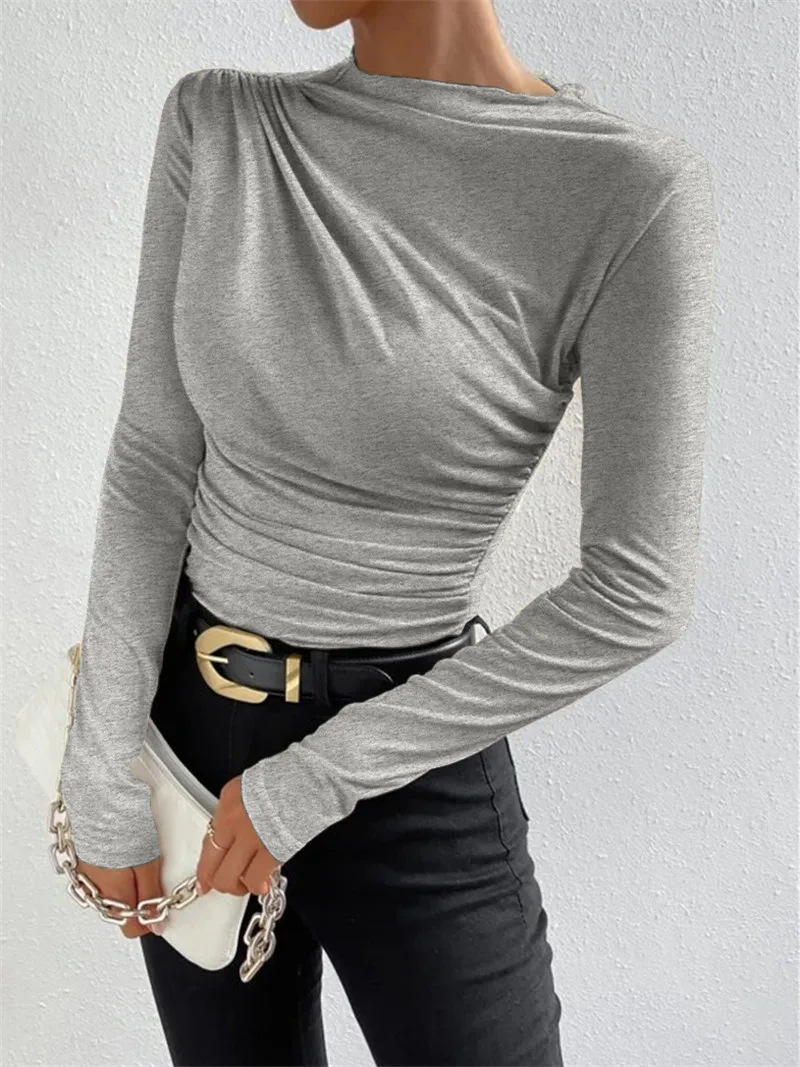 Women\'s Long Sleeve Top y2k 2000s Solid Color Slim T-shirt Elegant Basic Tees Blouses Korean Popular Clothes 2024 Summer