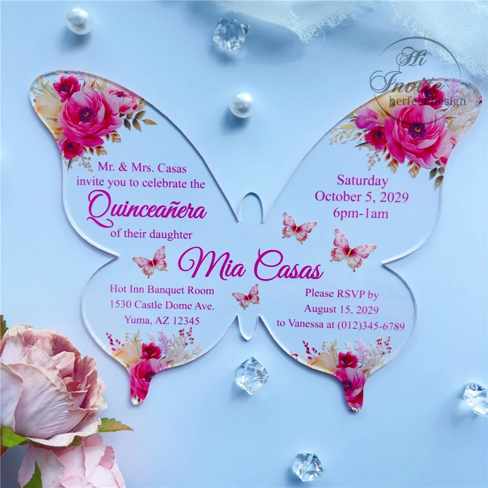 

Pink Floral Quinceañera Butterfly Invitation, Elegant Sweet 15 Acrylic Butterfly Invite, Mis Quince Años Card {Free Preview}