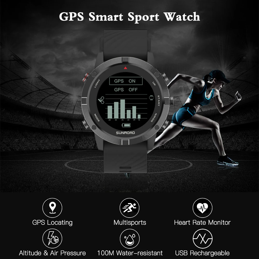 SUNROAD Multifunction GPS Sports Watch Fitness Tracker Wrist Watch with Heart Rate Monitor for Swimming Running Cycling Climbing