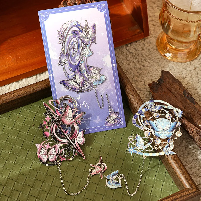 Sweet Tarot Metal Bookmark Hollow Butterfly Planet Brass Bookmark with Chain Tassel Gifts for Book Lovers Reading Supplies