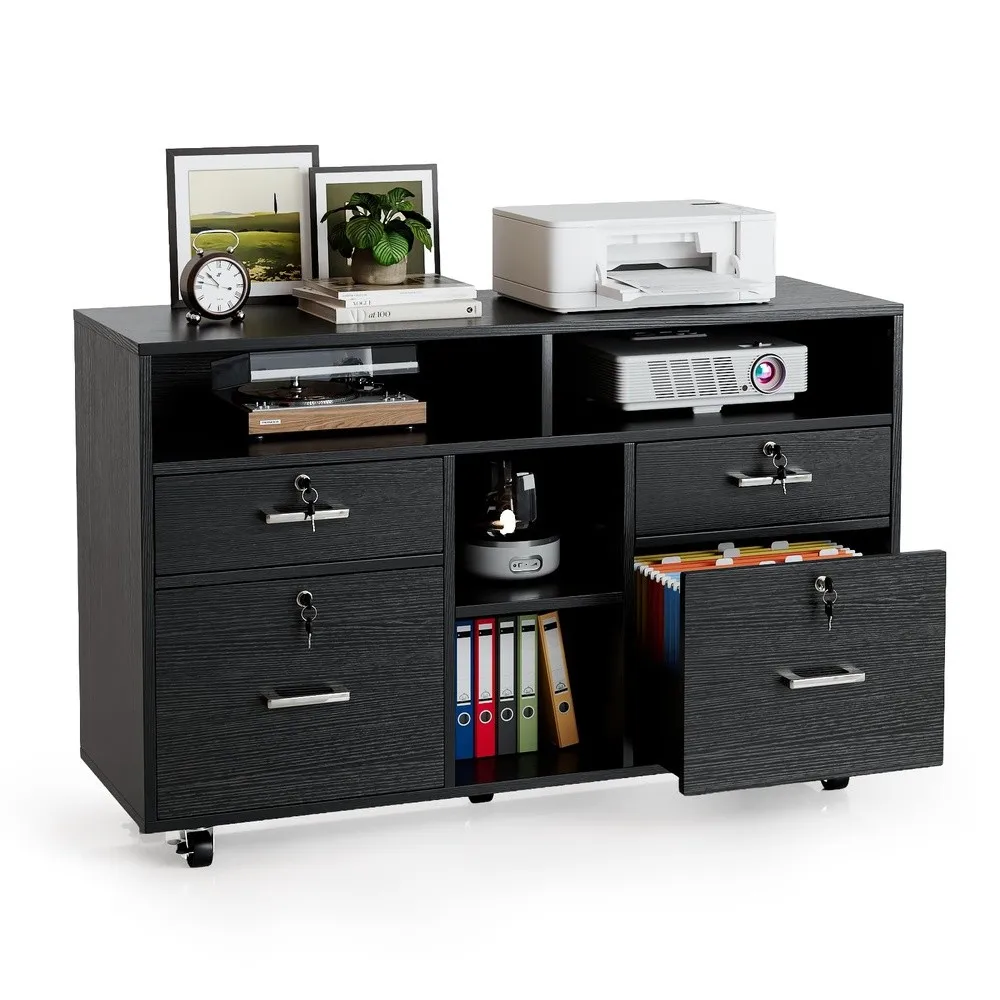 Wood Mobile File Cabinet with 4 Drawers and Shelves Printer Stand with Open Storage Locking Lateral Filing Cabinet for