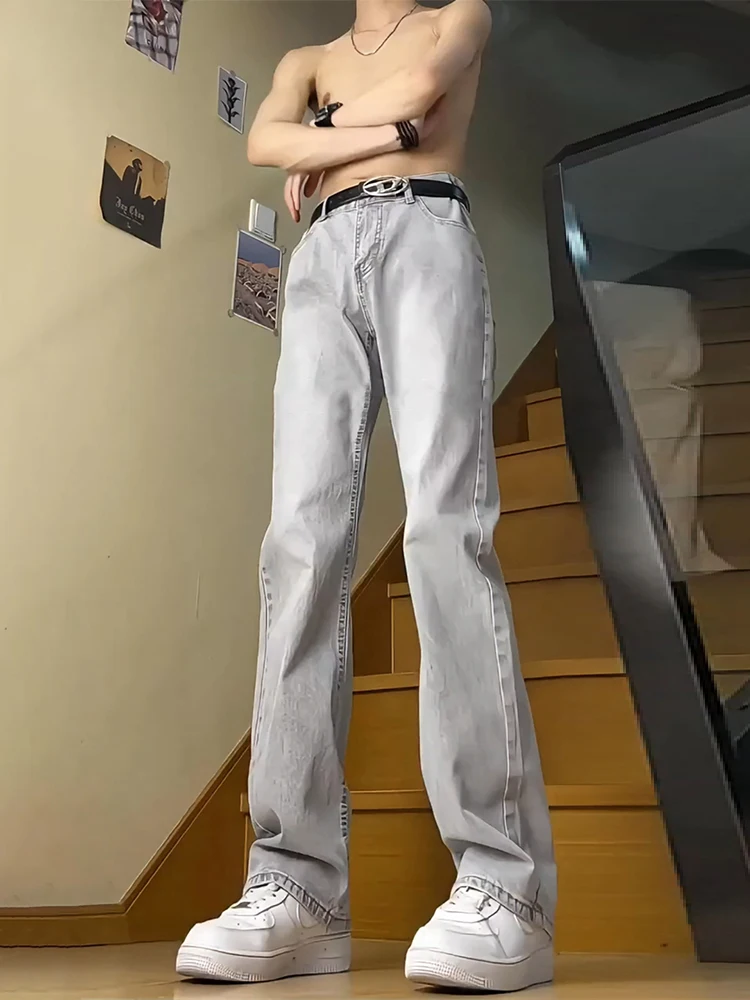 

Smoke Grey Men's Jeans Spring Autumn Style American High Street Slim Straight Leg Micro Flare Pants Casual Long Jeans
