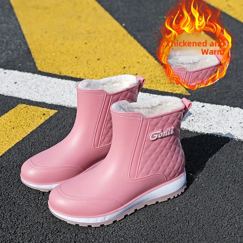 

Fashionable Winter Thickened Fleece Short Tube One-Piece Velvet Waterproof Shoes Anti-Slip Kitchen Rubber Shoes Women's Boots