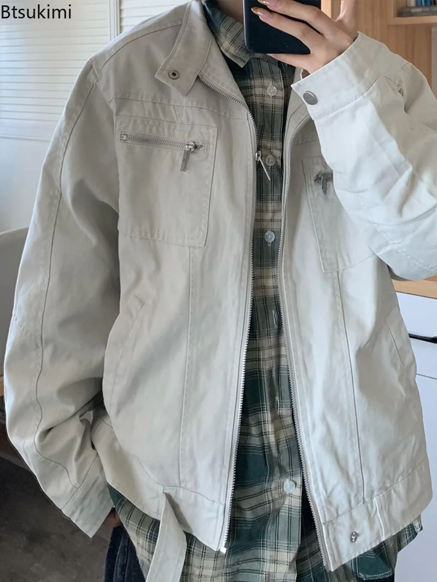 

Новинка 2026, мужские парусиновые джинсовые куртки с несколькими карманами и воротником-стойкой, свободные пальто-карго, пара, универсальная повседневная куртка в стиле ретро, уличная одежда