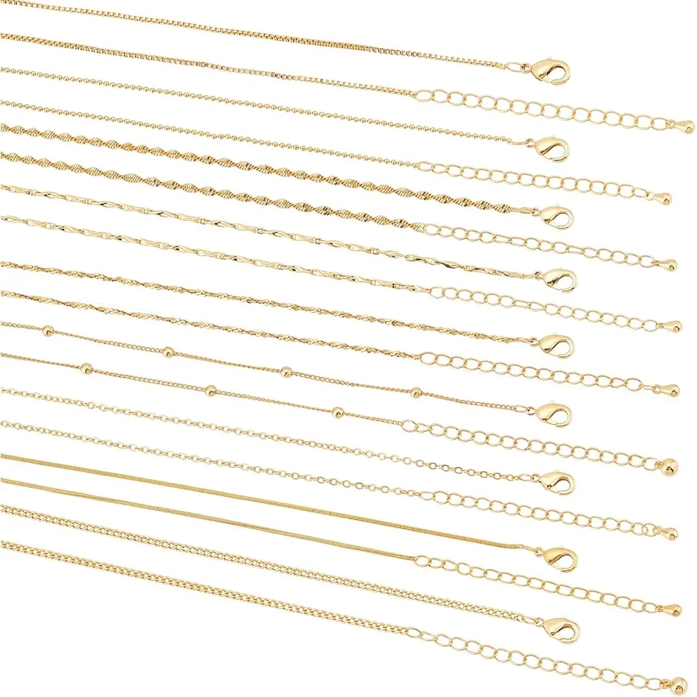 9Pcs 9 Style 18K Gold Plated Brass Chain Necklaces Set, Bulk Metal Chains with 1Pc Metallic Wire Twist Ties for Jewelry Making