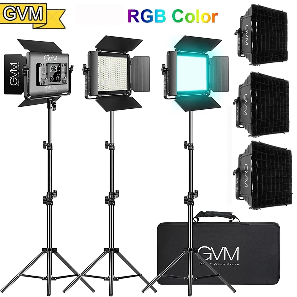 GVM 880RS 60W RGB LED Video Light with Bluetooth Control Photography Lighting 3PCS kit Dimmable LED Panel with LCD Screen