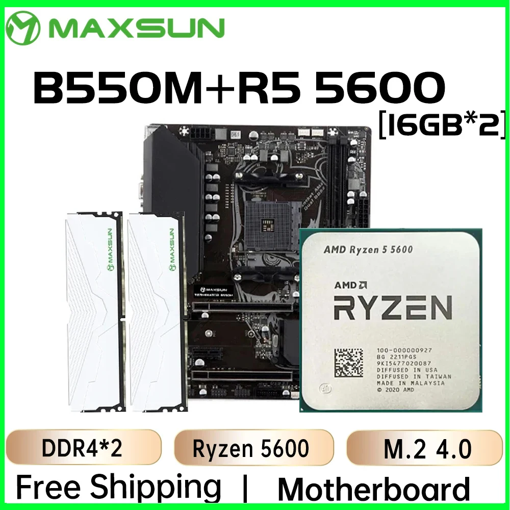 MAXSUN Motherboard Kit AMD B550M with Ryzen 5 5600 CPU DDR4 32GB [16GB*2] 3200MHz Desktop Computer Components Gaming Mainboard