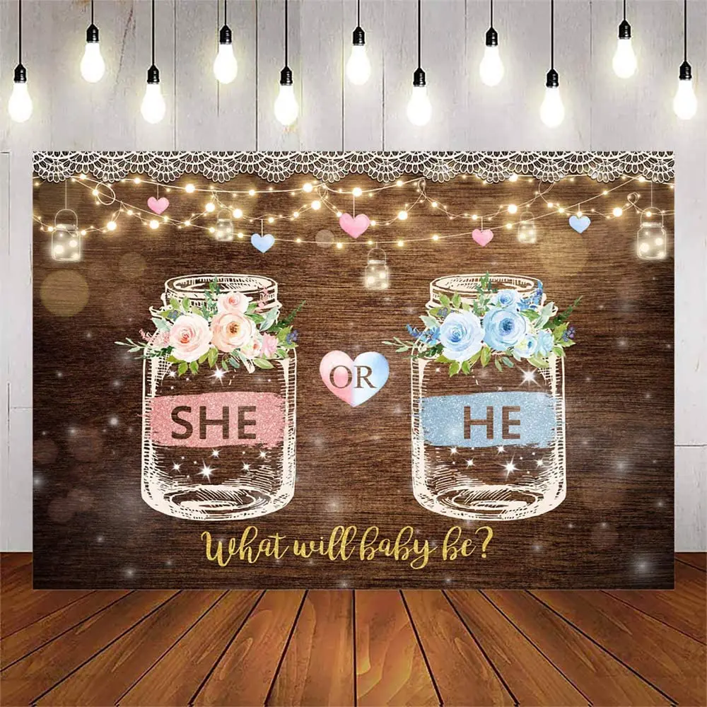 She Or He Gender Reveal Photography Backdrop Brown Wood Wishing Bottle Pink And Blue Flower Lace String Lights Background