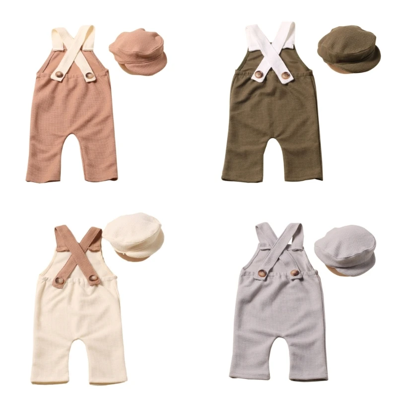 

Newborn Costume Photography Clothes Vintage Uniform Hat Suspender Pants Photo Props Photo Posing Outfit