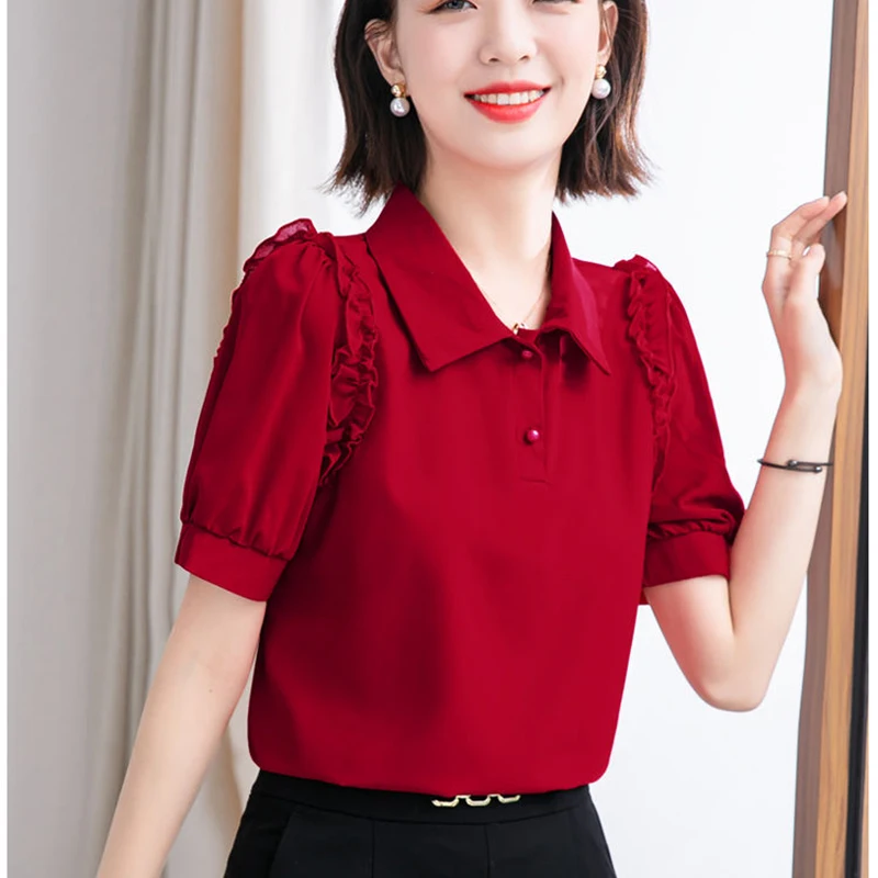

Fashion Lapel Button Ruffles Blouses Women Clothing 2025 Spring Summer New Loose Casual Tops Solid Color Office Lady Shirts