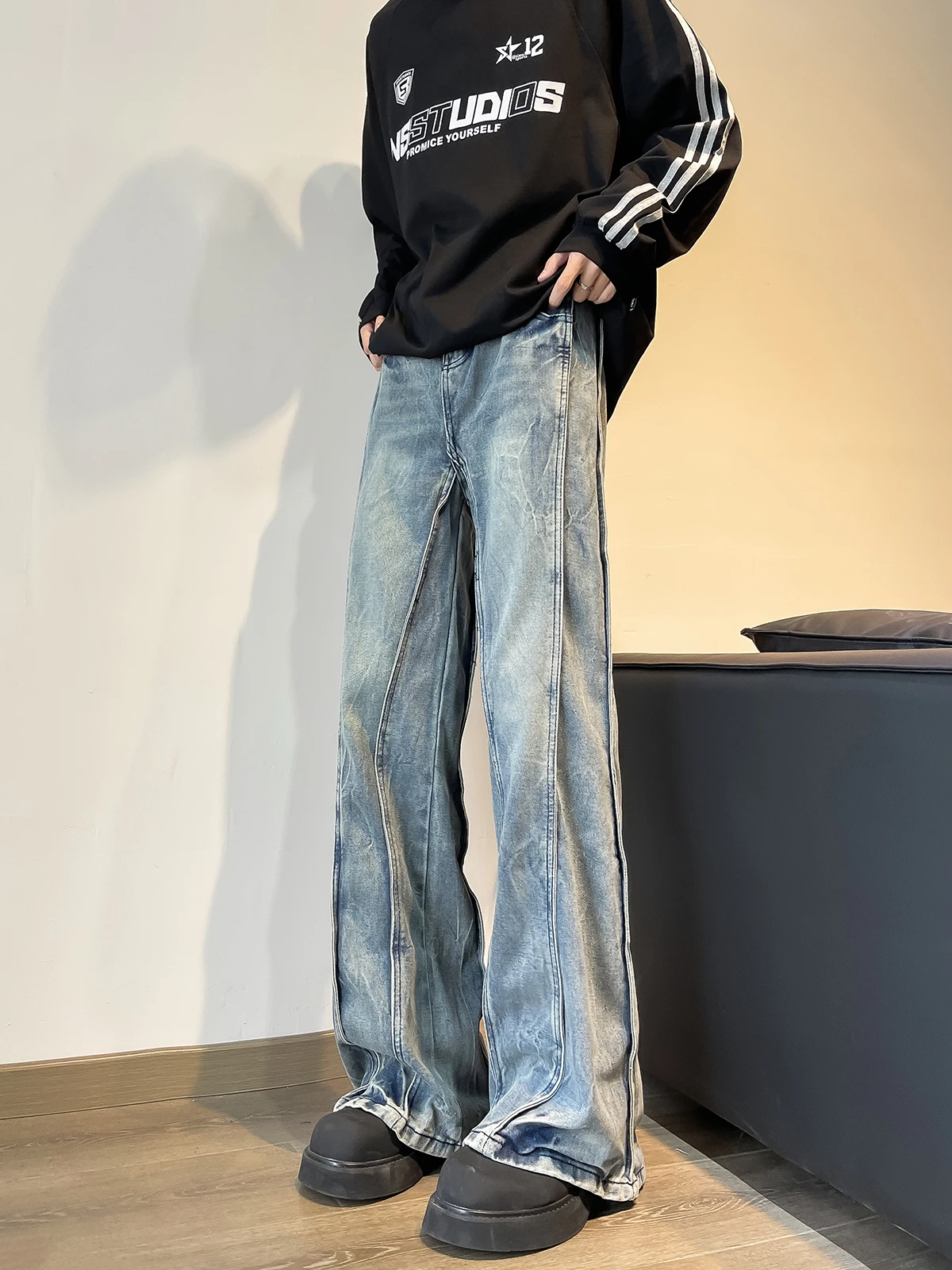 

Мужские джинсы Cleanfit American Washed: модные свободные брюки с широкими штанинами для молодежи, весна-осень, повседневный стиль, фасон «клеш»