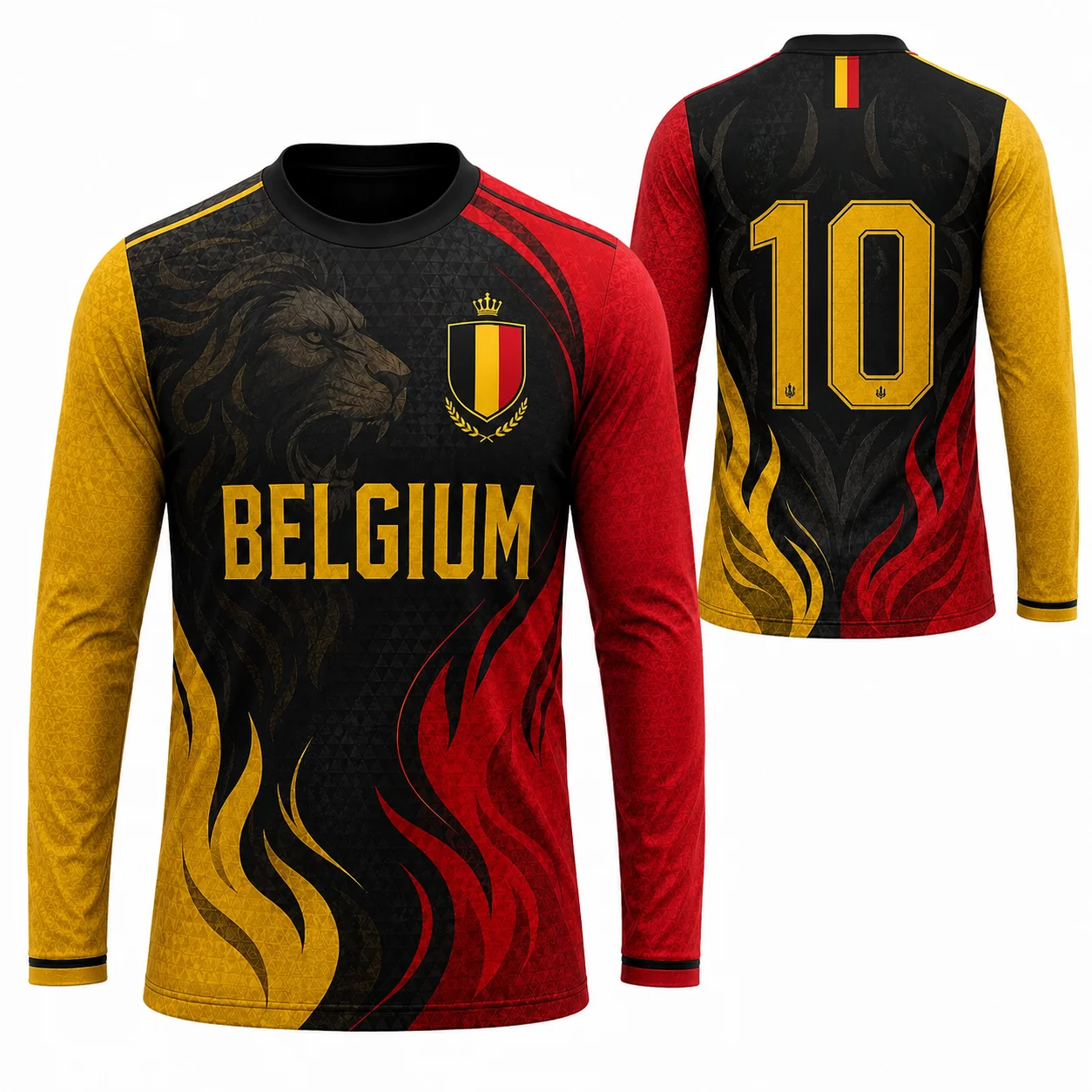 Belgium Team Long Sleeve Soccer Jersey, Red Flag Number Print Breathable Fan Sports Top Unisex
