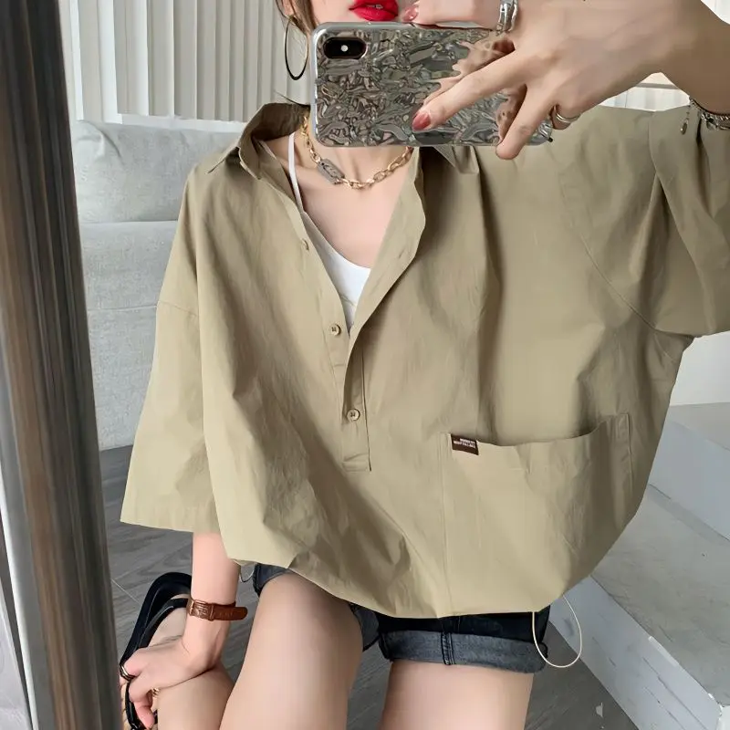 

Pockets Patchwork Plus Size Street Casual Blouse New Women Clothing Summer Short Sleeve Solid Korean Shirt Tops Fashion Trend
