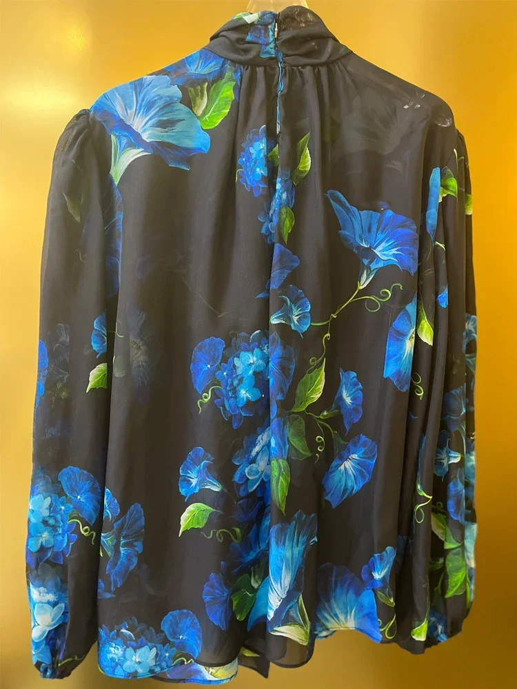 Women's Vintage Blue Flower Print Blouse 100% Silk High Quality Runway Loose Summer Spring New Fashion Design