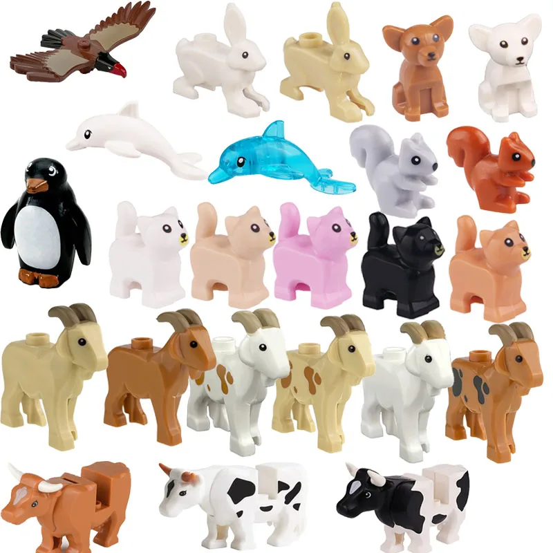 City Animal Figures Building Blocks Street Scene Accessories Penguins Eagle Goat Rabbit Pet Cat Dog Dairy Cattle Bricks Kid Toys