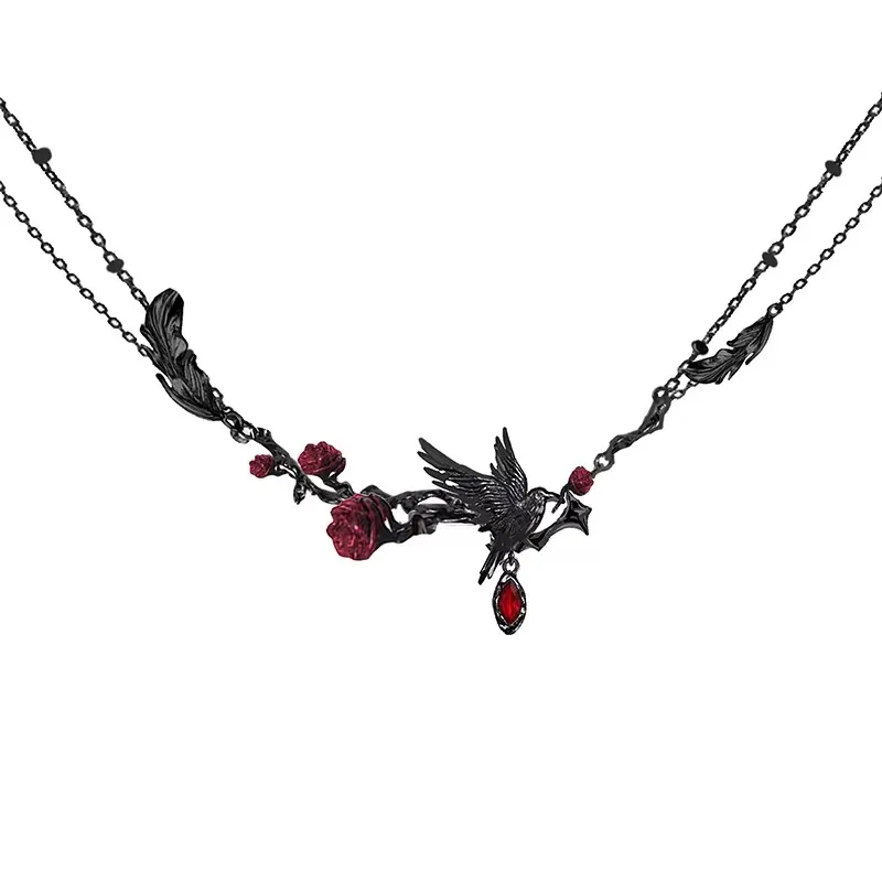 MASW Original Design Hiphop Cool Hot Girl Style Red Flower Black Bird Necklace For Women Party Gift Modern Jewelry Accessories